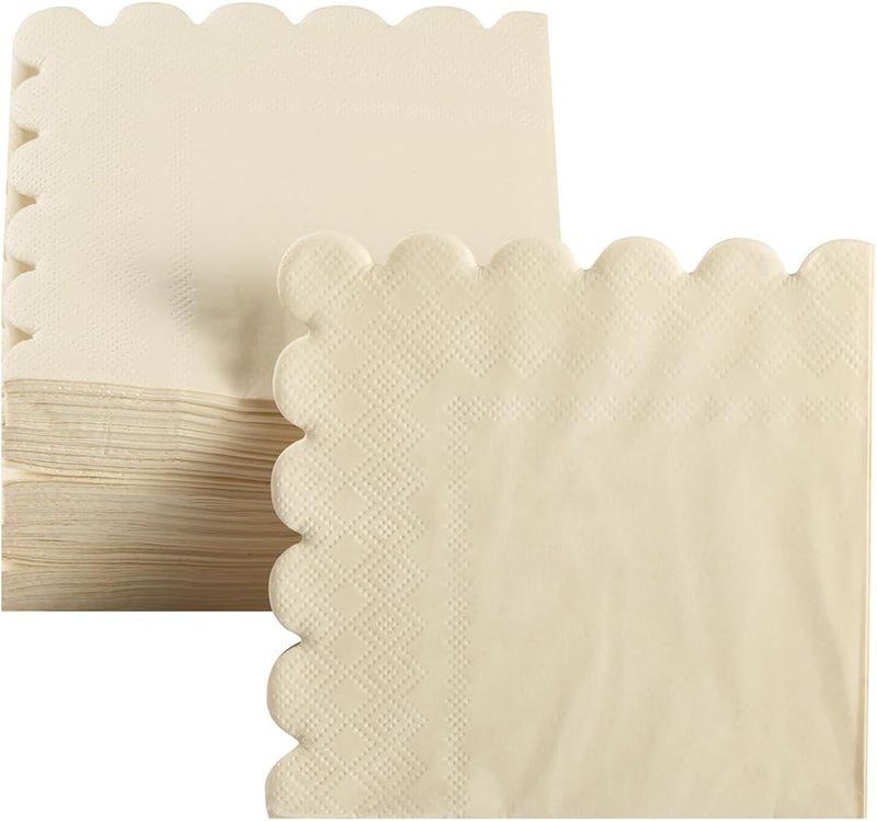 BEFORYOU 100 Pack Cocktail Napkin 2-Ply Scalloped Edged Dessert Napkins Folded 5 x 5 Inches Disposable Napkins for Dinner Wedding Birthday Party Bridal Anniversary Reception Event (Milky-White) - Image 4